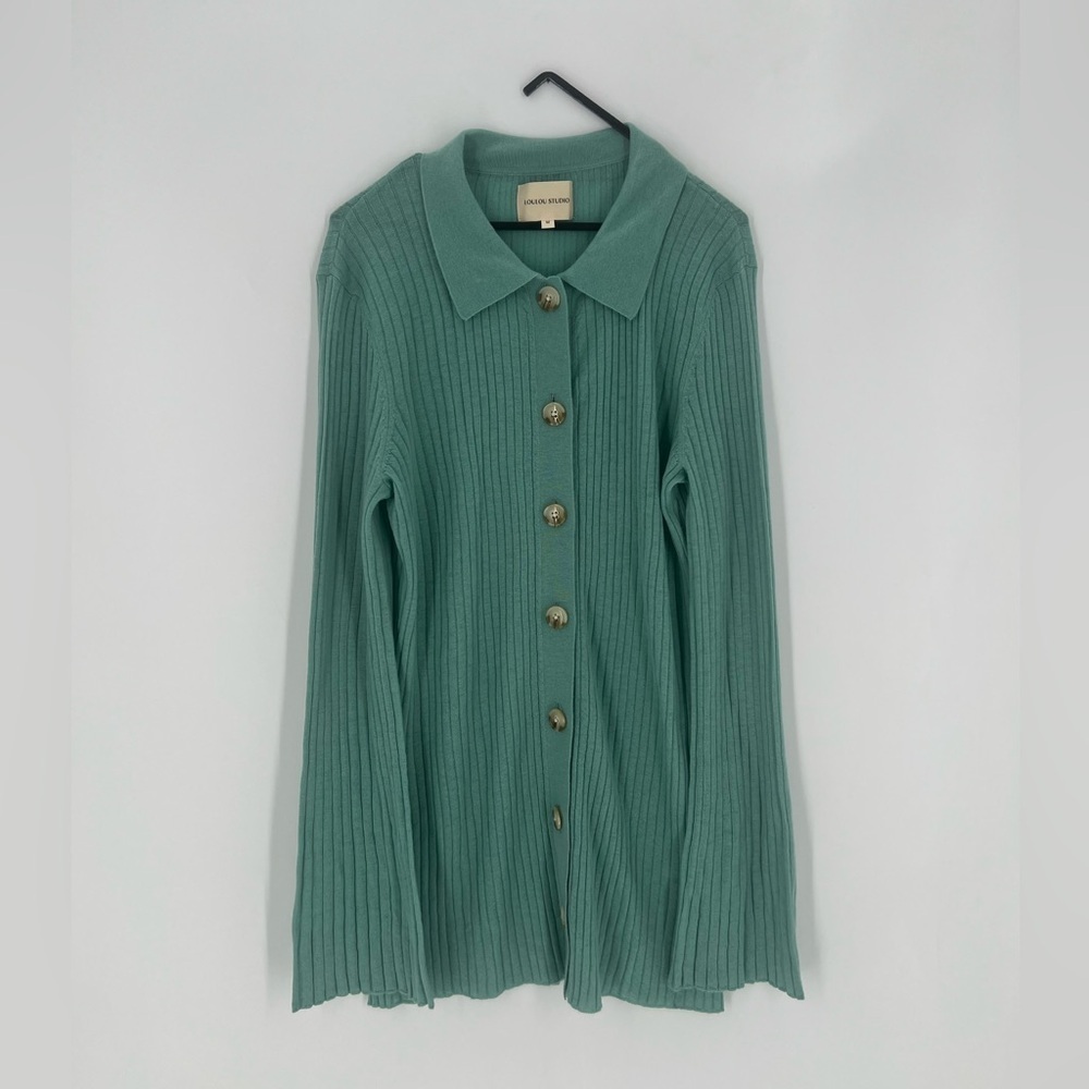Loulou Studio Biola Ribbed Knit Longline Polo Sweater Top Cardigan In Green